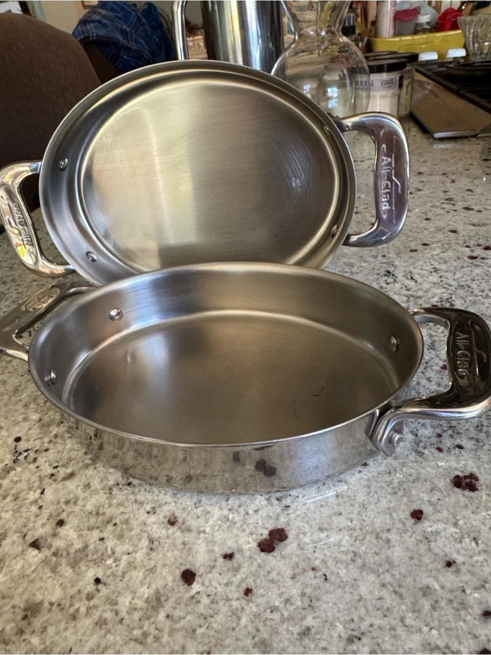 ALL CLAD MINI CASSEROLE PANS OVAL STAINLESS STEEL LIKE NEW CAPACITY IS 16 oz